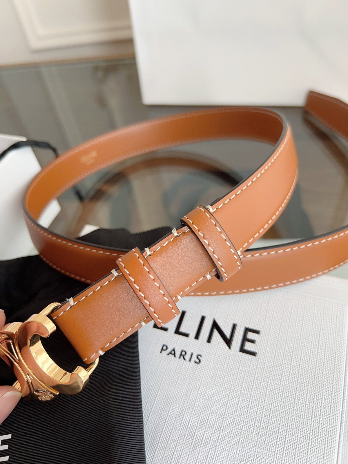 CELINE TRIOMPHE BELT 24MM IN BRONZE BROWN CALFSKIN WITH GOLD BUCKLE