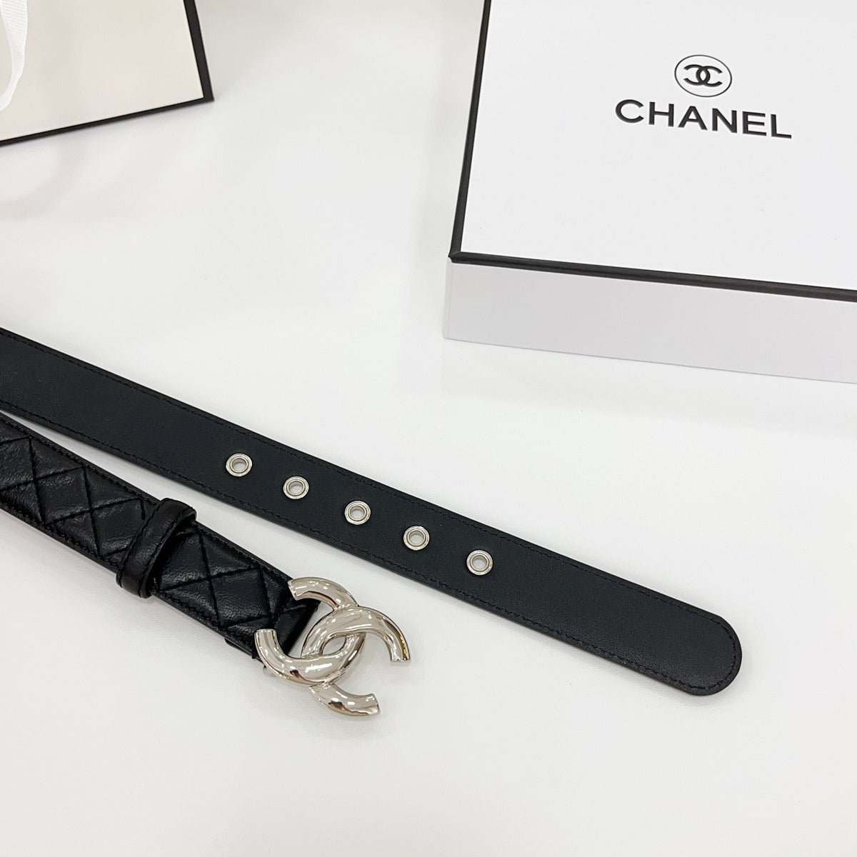 CHANEL DOUBLE C BELT 30MM IN BLACK QUILTED LEATHER WITH SILVER BUCKLE