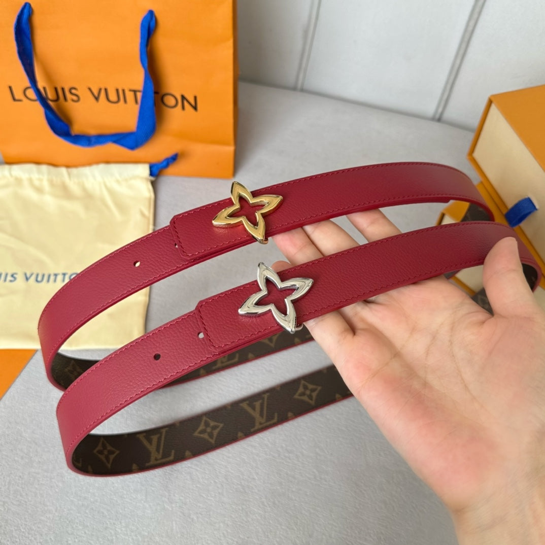 LOUIS VUITTON LV  MINI FLOWERGRAM 30MM REVERSIBLE BELT IN BLOOD RED CALFSKIN GOLD HARDWARE