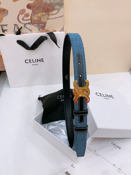 CELINE 25S BELT TRIOMPHE TAURILLON 25MM IN BLACK CALFSKIN AND DENIM 558346