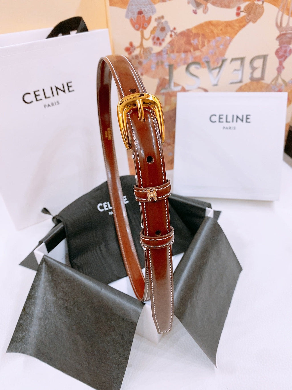 CELINE 25S BELT 18MM WITH ARC DE TRIOMPHE BUCKLE IN BURNT UMBER 571505