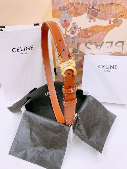 CELINE 25S TRIOMPHE BELT 25MM IN DARK CARAMEL CALFSKIN GOLD HARDWARE 570967